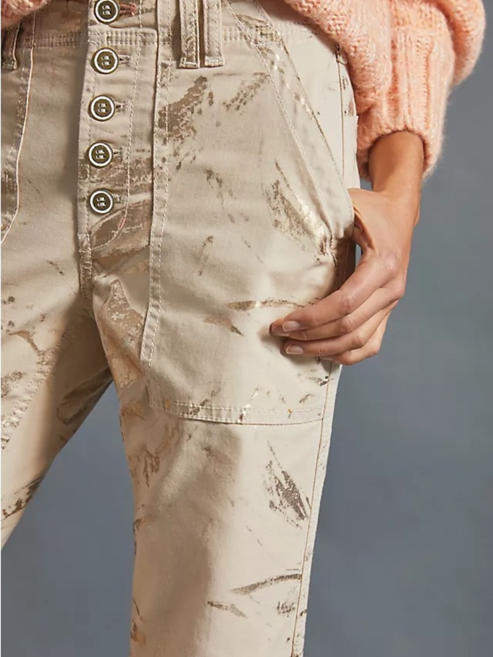 Pilcr The Wanderer Button-Fly utility pants in Light Beige metallic Print - 28